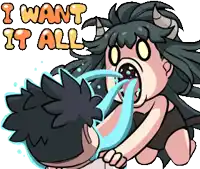 a cartoon of a woman with horns screaming that she wants it all