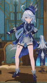 a girl with white hair and a blue hat is standing in a room holding a sword