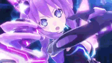 a purple anime girl with blue eyes is holding a sword in her hands .