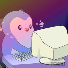 a cartoon of a penguin looking at a computer screen with the word pengu on the bottom right