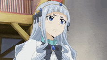 a girl with white hair and a blue jewel in her head