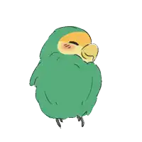 a cartoon drawing of a green parrot with a yellow beak