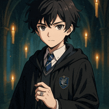 a boy in a harry potter uniform has a badge on his chest