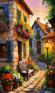 a painting of a bench in front of a building with flowers