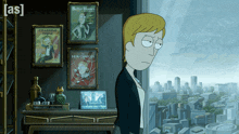 a cartoon of a man standing in front of a window with a better homes and garden magazine on the wall behind him