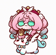 a cartoon drawing of a girl with pink hair riding a unicorn