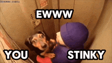 a dog is being held by a person in an elevator with the words ewww you stinky above it
