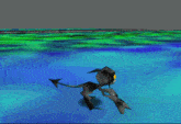 a computer generated image of a dragon flying over a green and blue background