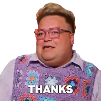 a man wearing glasses and a sweater vest says thanks