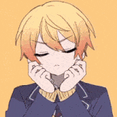 a drawing of a boy with yellow hair making a peace sign