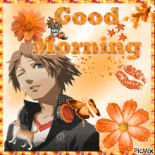 a picture of a man with a cat and flowers with the words good morning