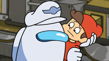 a cartoon drawing of a robot hugging a boy in a red hat