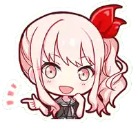 a cartoon girl with pink hair and a red bow on her head is pointing at something .