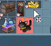 a screenshot of a video game with a black cat in the center