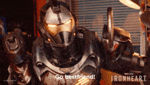 a poster for the movie ironheart shows a robot giving a middle finger