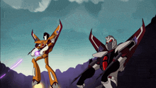 a cartoon of two transformers fighting each other with one holding a gun