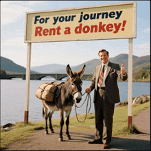 a man in a suit stands next to a donkey under a sign that says for your journey rent a donkey
