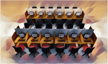 a painting of a row of computer cubicles with the letters cc on them