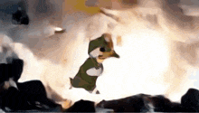 a dog in a military uniform is flying through the air in front of a large explosion .