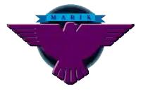 a logo for marik with a purple bird and blue ribbon