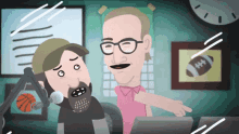 a cartoon of a man with glasses and a beard pointing at a football