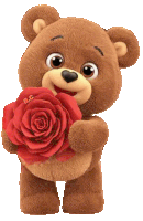 a brown teddy bear is holding a red rose with the letters a & c on it