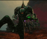 a green monster with purple eyes is standing on a rocky surface