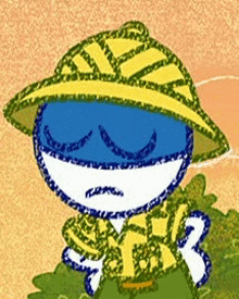 a cartoon character wearing a yellow hat and a blue mask .