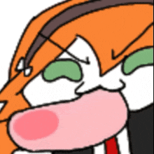 a cartoon character with orange hair and green eyes blowing a pink bubble .