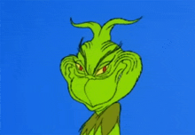 a close up of a grinch cartoon character with a blue background
