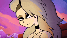 a cartoon drawing of a woman with long hair and red eyes