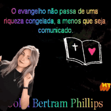 a woman stands in front of a black background with a quote by bertram phillips