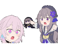 a cartoon drawing of two girls with purple eyes