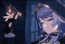 a girl with blue hair is holding a key that has stars on it