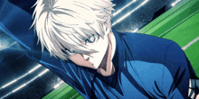 a man with white hair and a blue shirt stands on a field