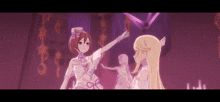 two anime girls are standing next to each other in a room