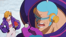 a man in a purple helmet holds a purple object with a smiley face on it