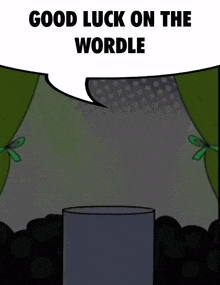 a cartoon character stands on a podium with the words good luck on the wordle above him