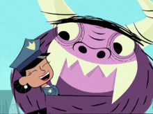 a woman in a police hat hugs a purple monster