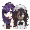 two anime girls are standing next to each other . one has purple hair and the other has brown hair .
