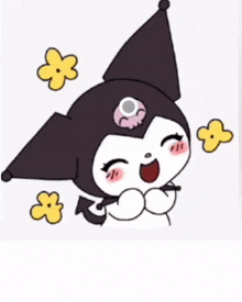 a cartoon drawing of a girl with a skull on her head and yellow flowers around her