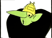 a cartoon drawing of a green monster with a yellow hat on his head