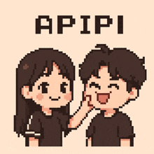 a pixel art drawing of a boy and a girl with the word apipi written above them