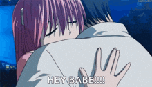 a girl with pink hair is hugging a man with the words hey babe written on the bottom