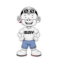 a cartoon character wearing a white shirt that says busy