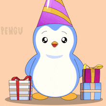 a penguin wearing a party hat is holding a cake