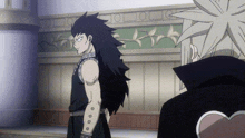 two anime characters are standing next to each other with one wearing a choker and the other wearing a black jacket