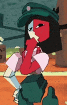 a cartoon character is wearing a green hat and holding a knife in her hand .