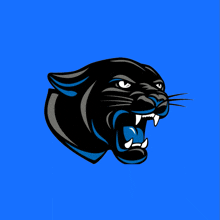 a black panther with a blue tongue and white teeth