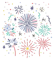 a drawing of fireworks with flowers and stars on a white background